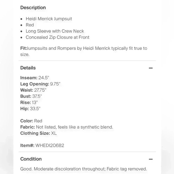 Heidi Merrill red jumpsuit- XL Red long sleeve crew neck concealed zipper front - Picture 5 of 9